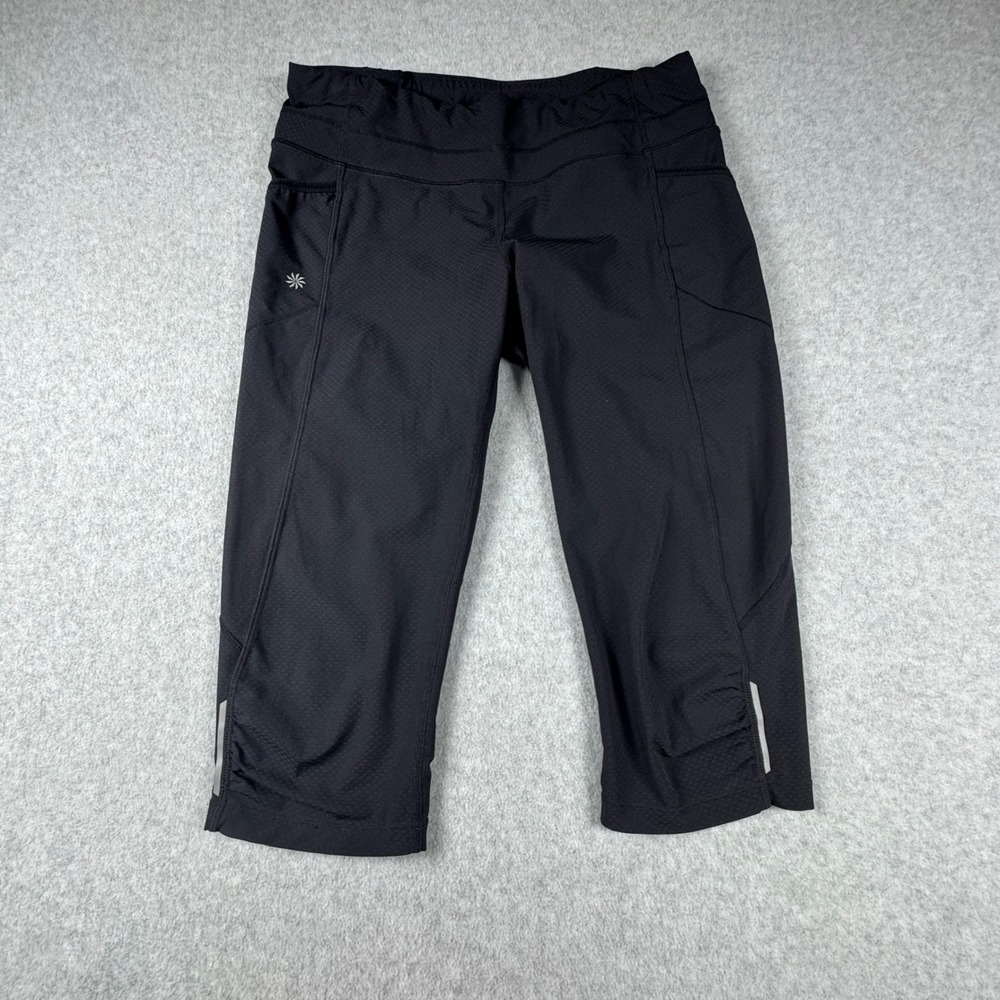 Athleta Be Free Knicker Black Textured Running Leggings Medium Crop Pockets